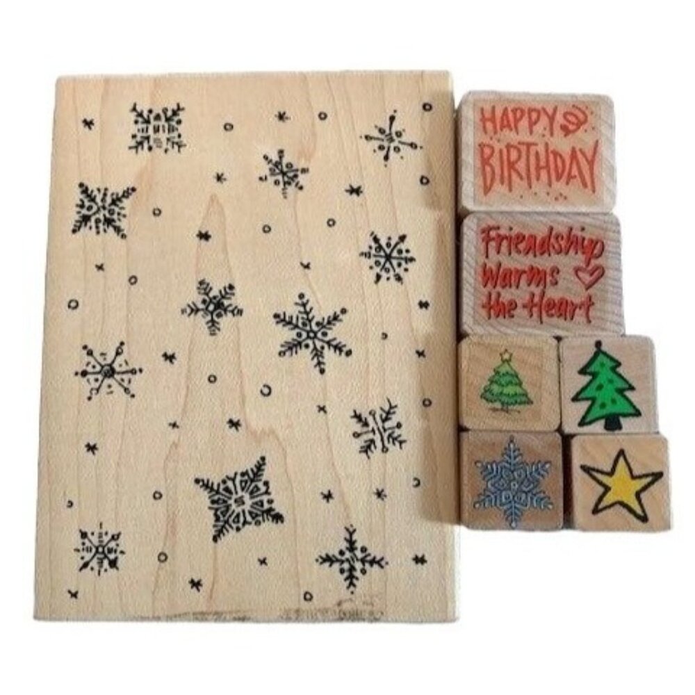 Wood Rubber Stamp Set Snowflakes Trees Birthday Friendship Craft Lot